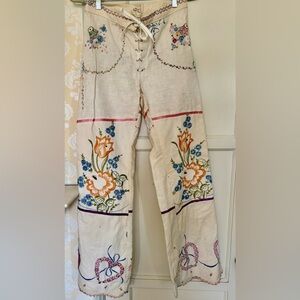 Fabulous hand made Floral Embroidered Lace-Up Pants, Dollie’s, ribbon BOHO
